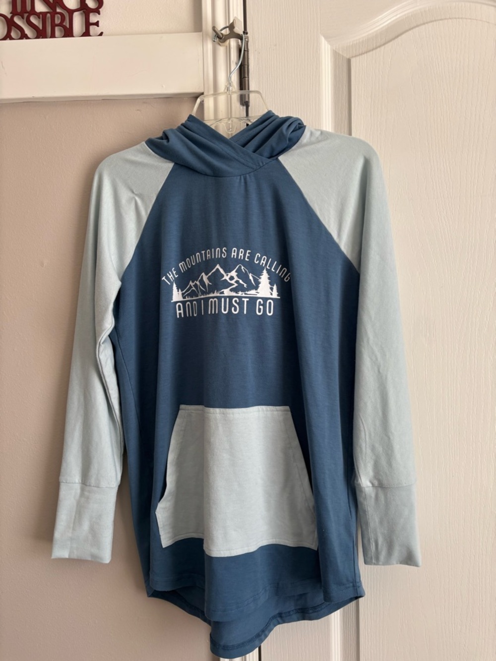 LuLaRoe Two-Tone Blue  Hooded Sweatshirt - Mountain Graphic